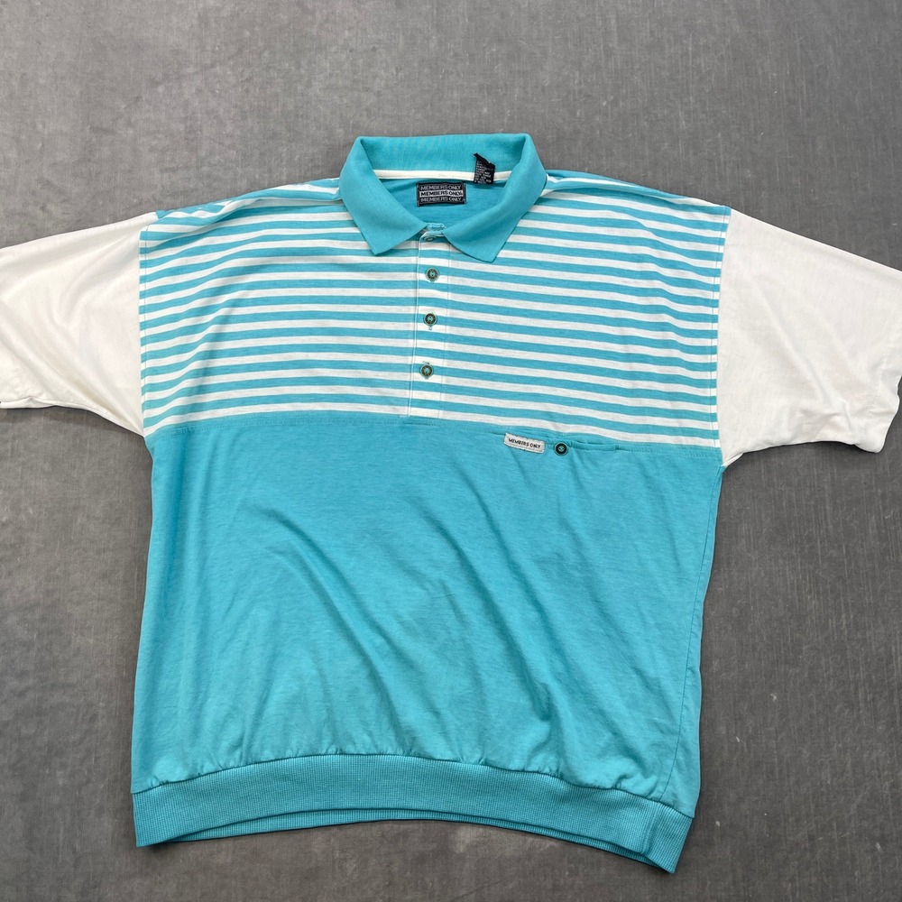 Vintage Members‎ Only Mens XL Turquoise White Stripe Polo Shirt Short Sleeve